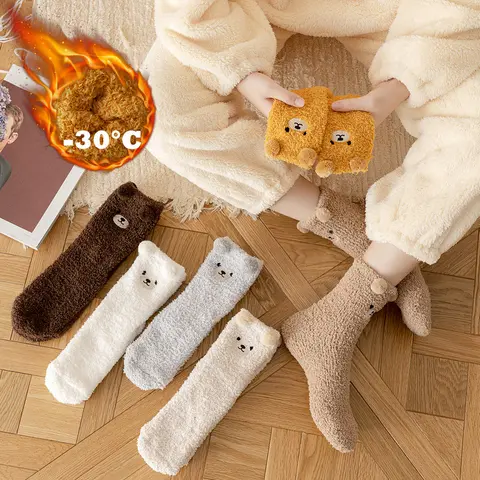 2 Pairs Cute Socks Bear Women Coral Velvet Thick Plush Warm Socks Sleep Fluffy Socks Cute Cartoon Lovely Floor Fuzzy Sock Winter