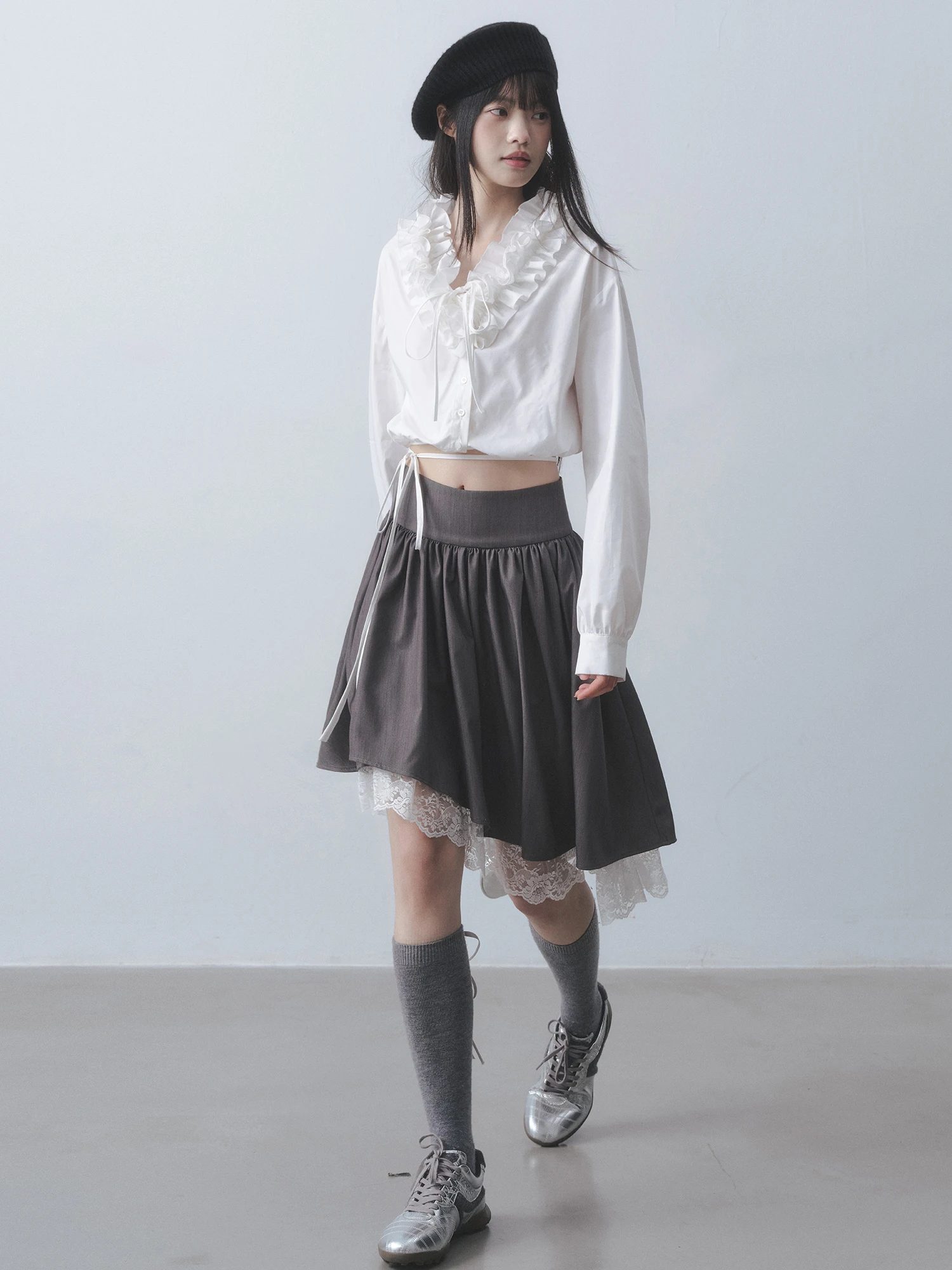 

DDgirl Grey Tonal Lace Patchwork Asymmetrical Hem A-Line Skirt for Young Women Casual Commute Party Outdoor Wear