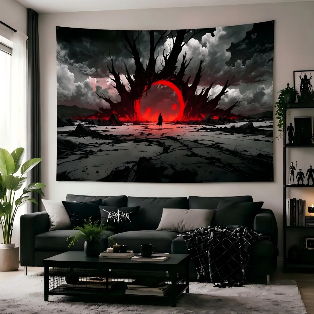 Dark Fantasy Apocalyptic Wasteland Tapestry Giant Dead Tree Red Glowing Portal Gaming Room Dorm Bedroom Background Decor Gift
