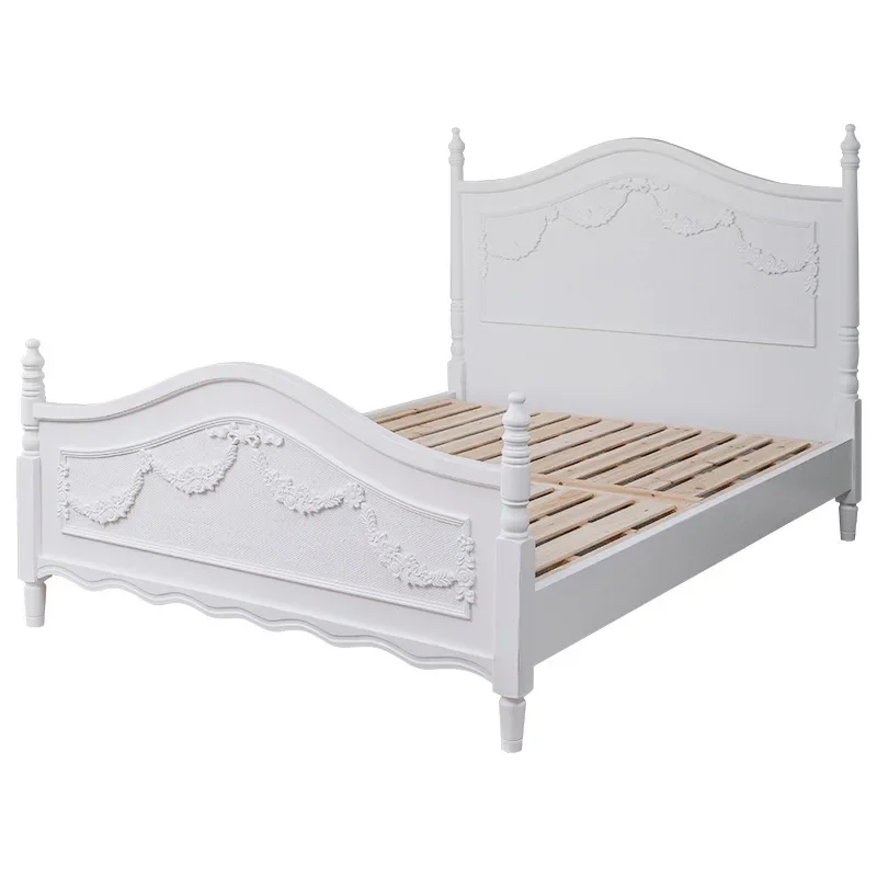 

American simple light luxury solid wood carving French white single double bed retro Nordic carving 1.8 meters