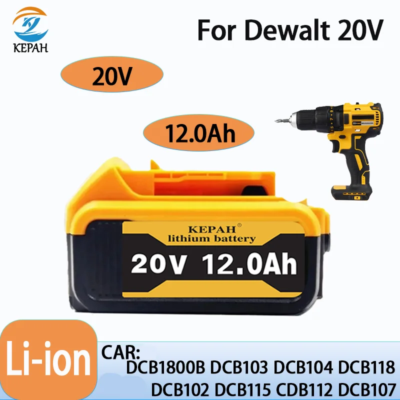 

New For DeWalt DCB200 Battery Compatible 20V 12.0Ah Replacement Li-ion Battery with Charger DCB205 DCB204-2 DCB206 Power Tools