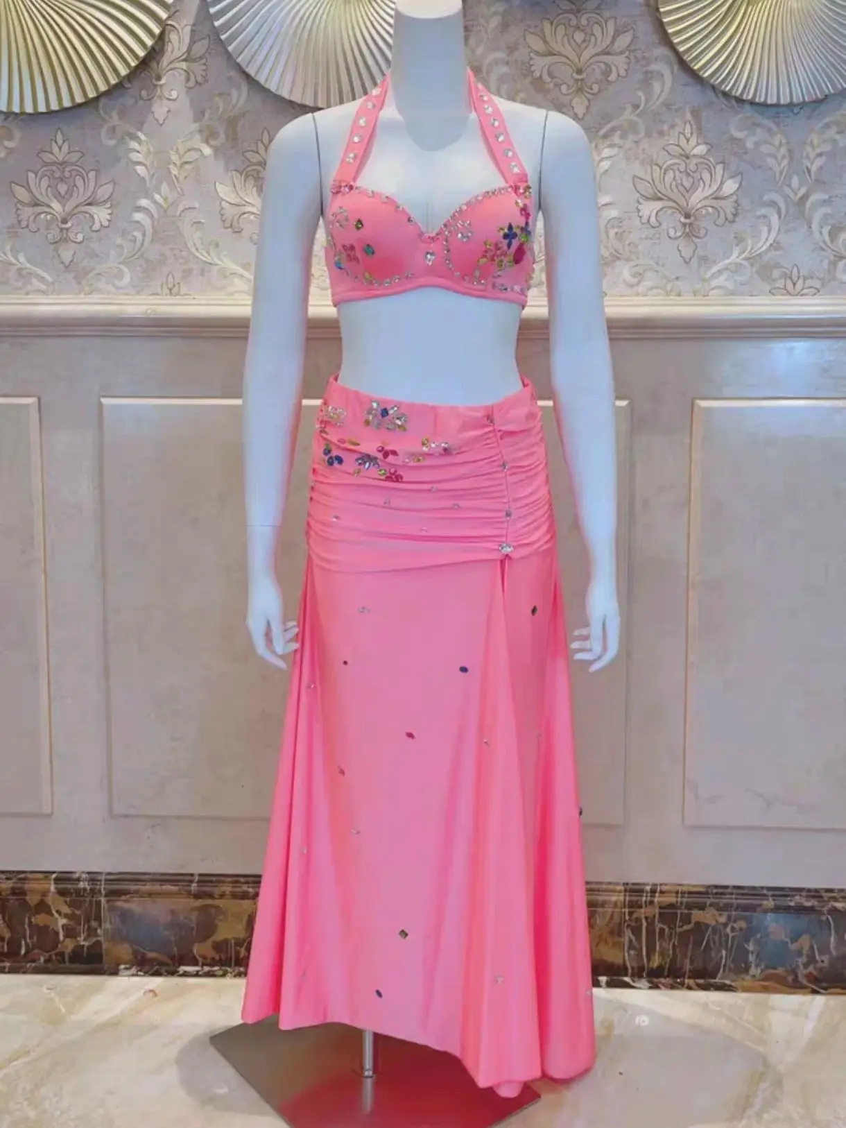 Aangepaste buikdans oefenjurk beha top + split lange rok 2 stuks oosterse katoenen groepspak buikdanskleding outfit