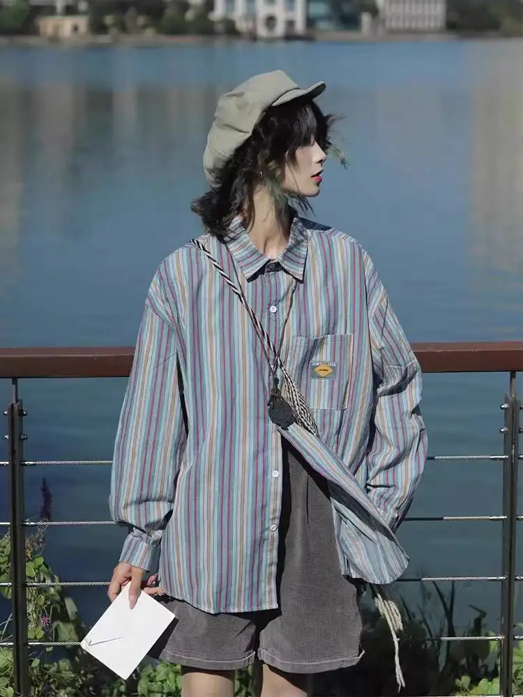 

Casual Striped Shirts Women's Contrast Color Vertical Striped Lapel Long Sleeve Shirt Spring Autumn Blouse Vintage Blue Top