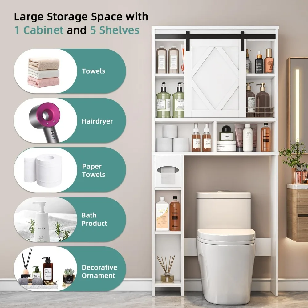 over the toilet storage cabinet with farmhouse sliding barn door, above toilet organizer with toilet paper holder stand, behind