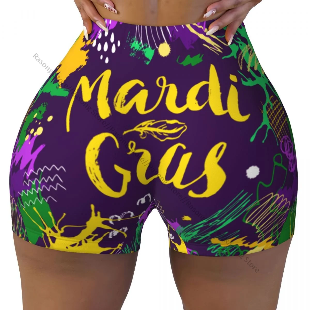 Spandex Yoga Shorts for Women Mardi Gras Colorful Background Workout Booty Shorts