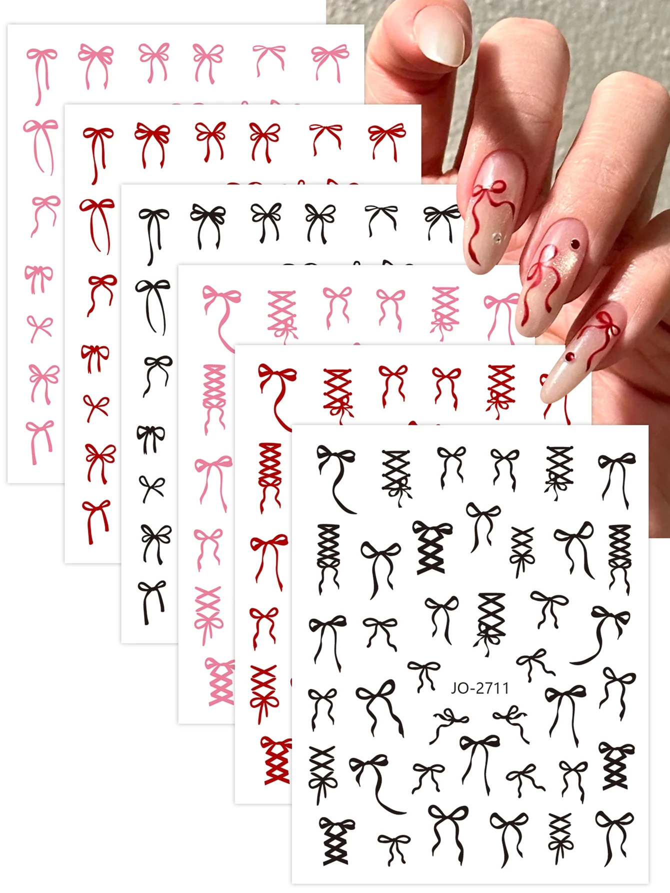 3/6/12 hojas de pegatinas para decoración de uñas con lazo, diseño de cinta bonita, calcomanías autoadhesivas para decoración de manicura DIY