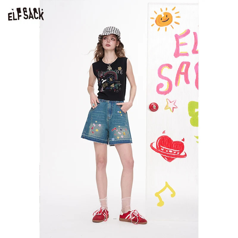 ELFSACK 2025 Summer New Arrivals A-Line Denim Casual Shorts For Women