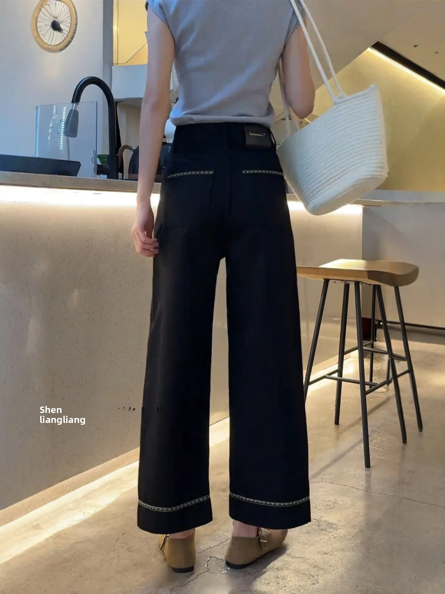 

Женские шелковые широкие брюки с высокой талией, прямой крой, свободный крой, утягивающие джинсы, повседневные однотонные осенние новые брюки