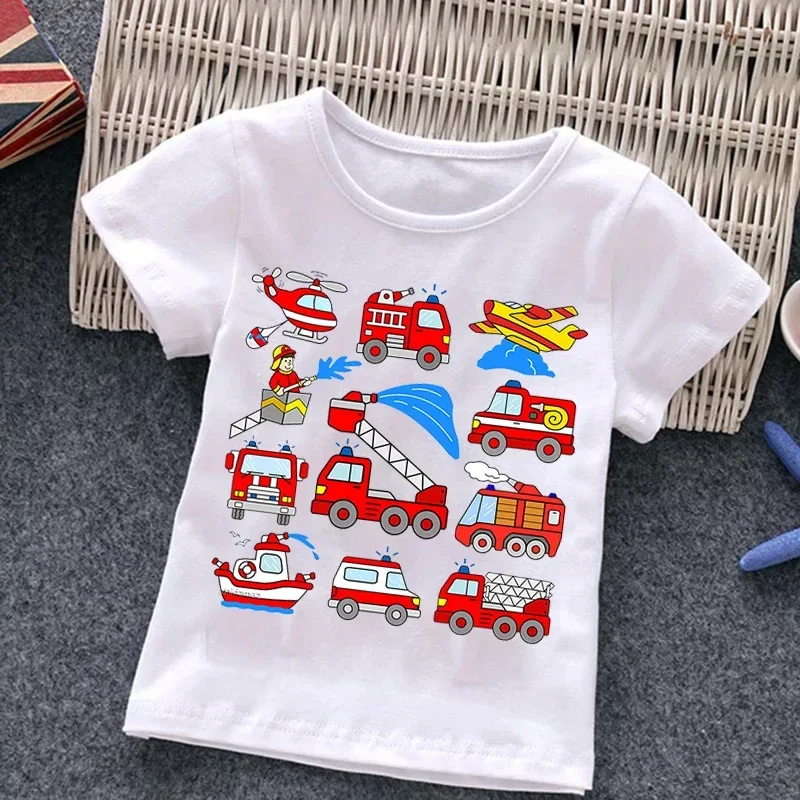 Kids Clothes Firetruck Print Short-sleeved T-shirts Firefighter Children Cartoon Car Cotton Tee Excavator Boys Girls Clothing