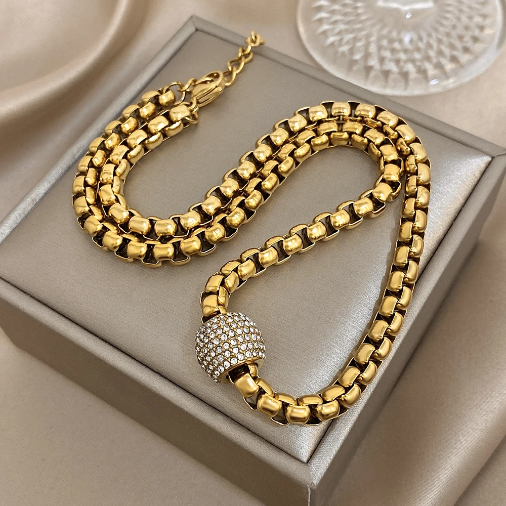 Punk Chunky Stainless Steel Wheat Ears Thick Chain Necklace Simple Gold-Plated Zircon Beads Pendant Choker Necklace for Women