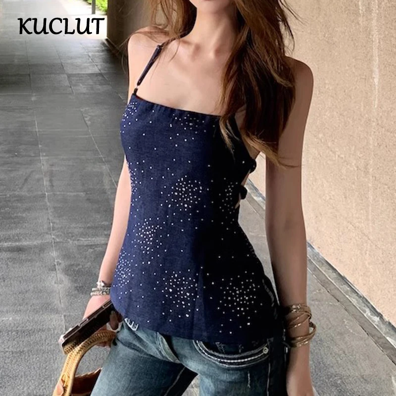 

KUCLUT Fashion Denim Backless Tank Tops For Women Rhinestone Halter Outwear Holiday Style Camisole Vest Female Trendy 1A232