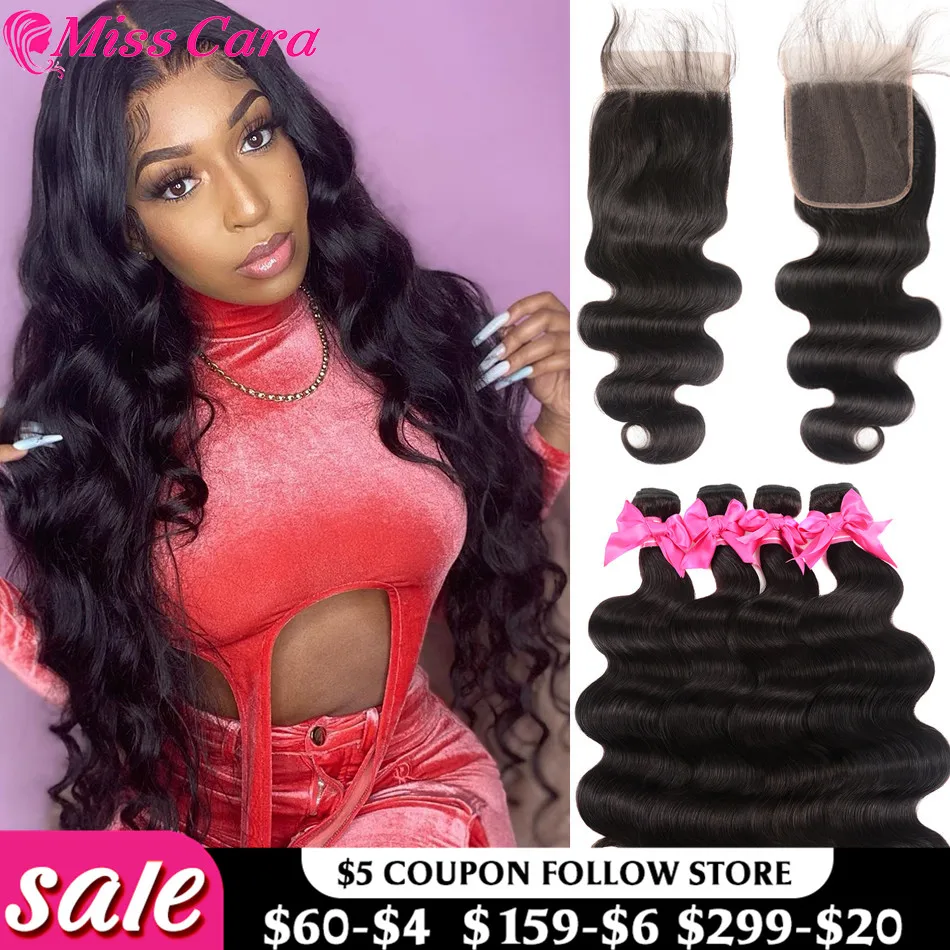 Miss Cara Remy Body Wave With 4X4 Closure Brazilian Hair Weave Bundles With Closure 100% Human Hair 3/4 Bundles With Closure