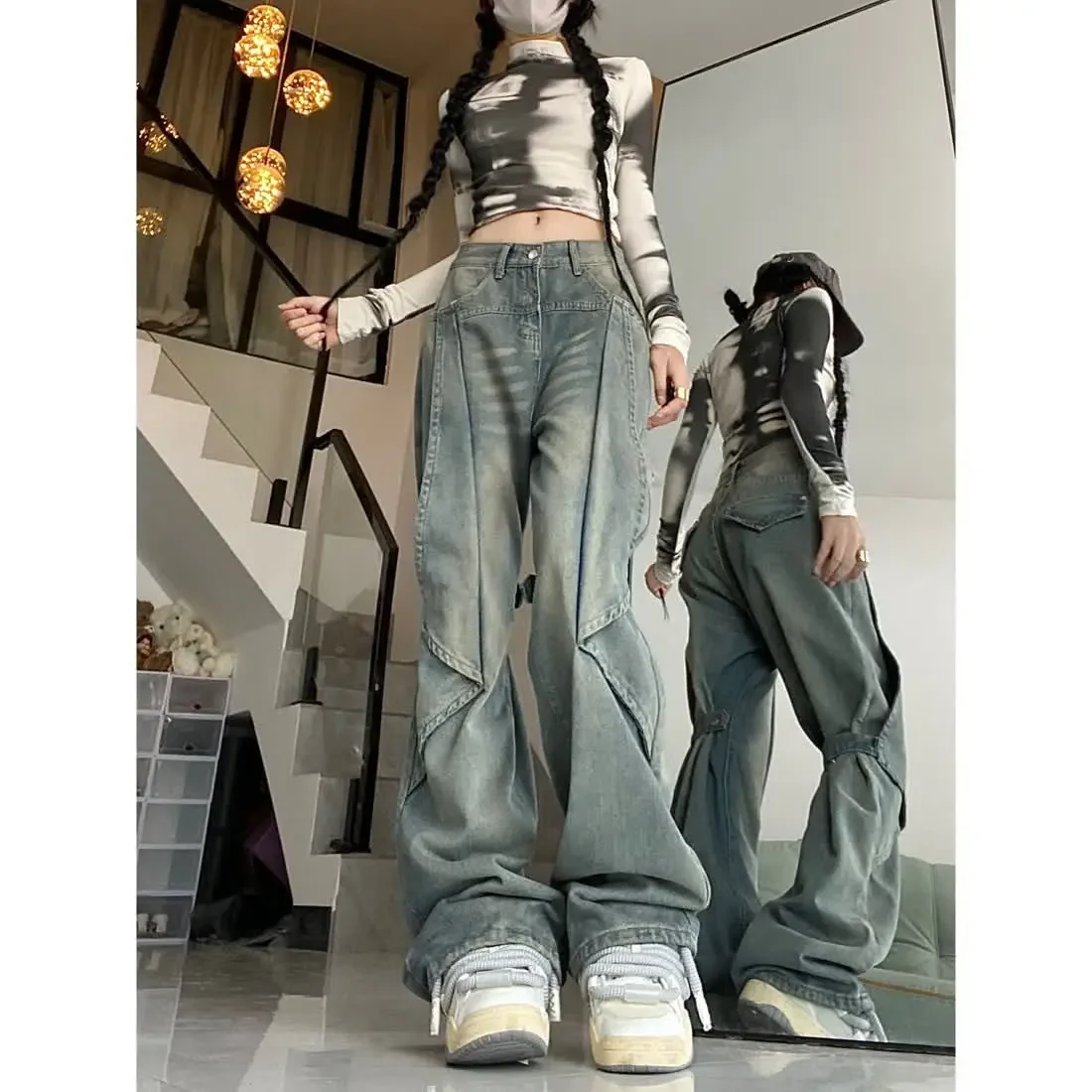 

Strappy Vintage Light Blue Baggy Jeans Streetwear Women High Waisted Straight Pants Irregular Patch Mop Pants Y2k Clothes