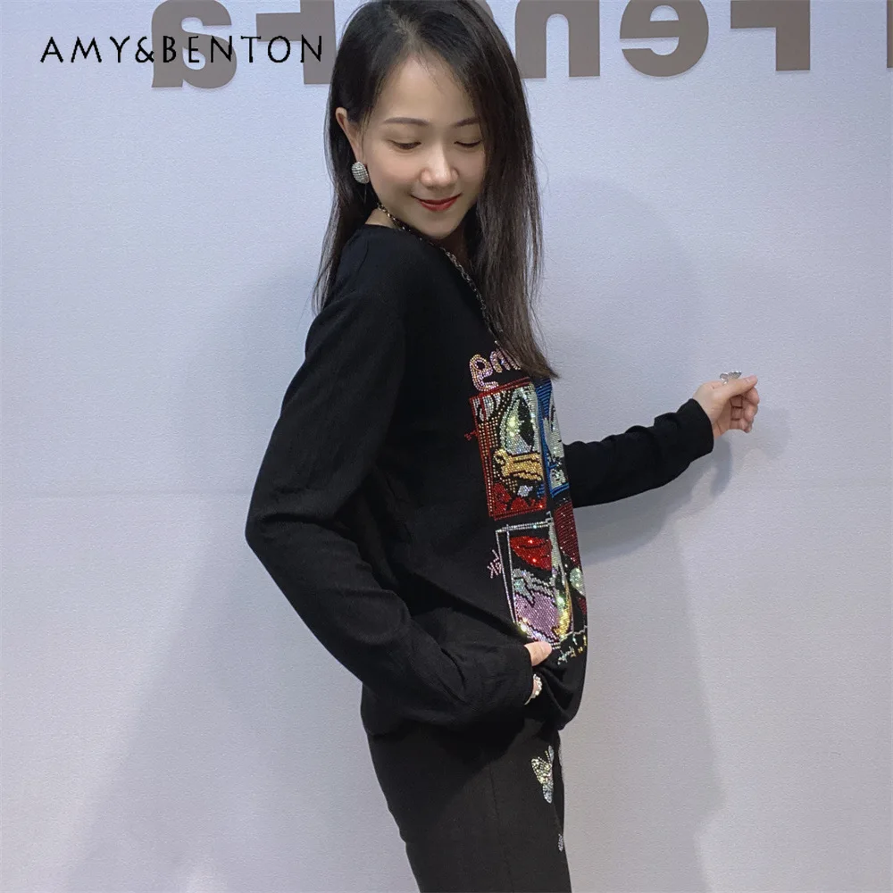 

Fashion Wearable Long Sleeves Inner T-shirt Black O-Neck Slim Fit Rhinestone Bottoming Shirt High-End Slimming Oversize Pullover