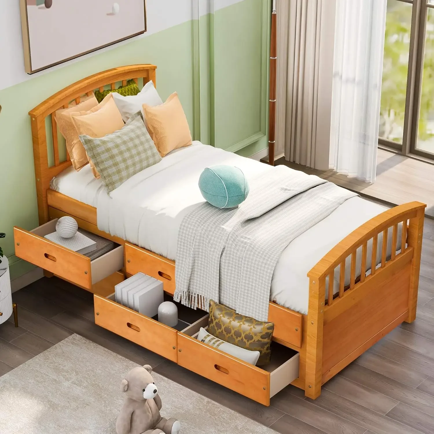 Twin Size Platform Storage Bed Solid Wood Bed Frame For Boys Girls Kids Toddler With 6 Drawers