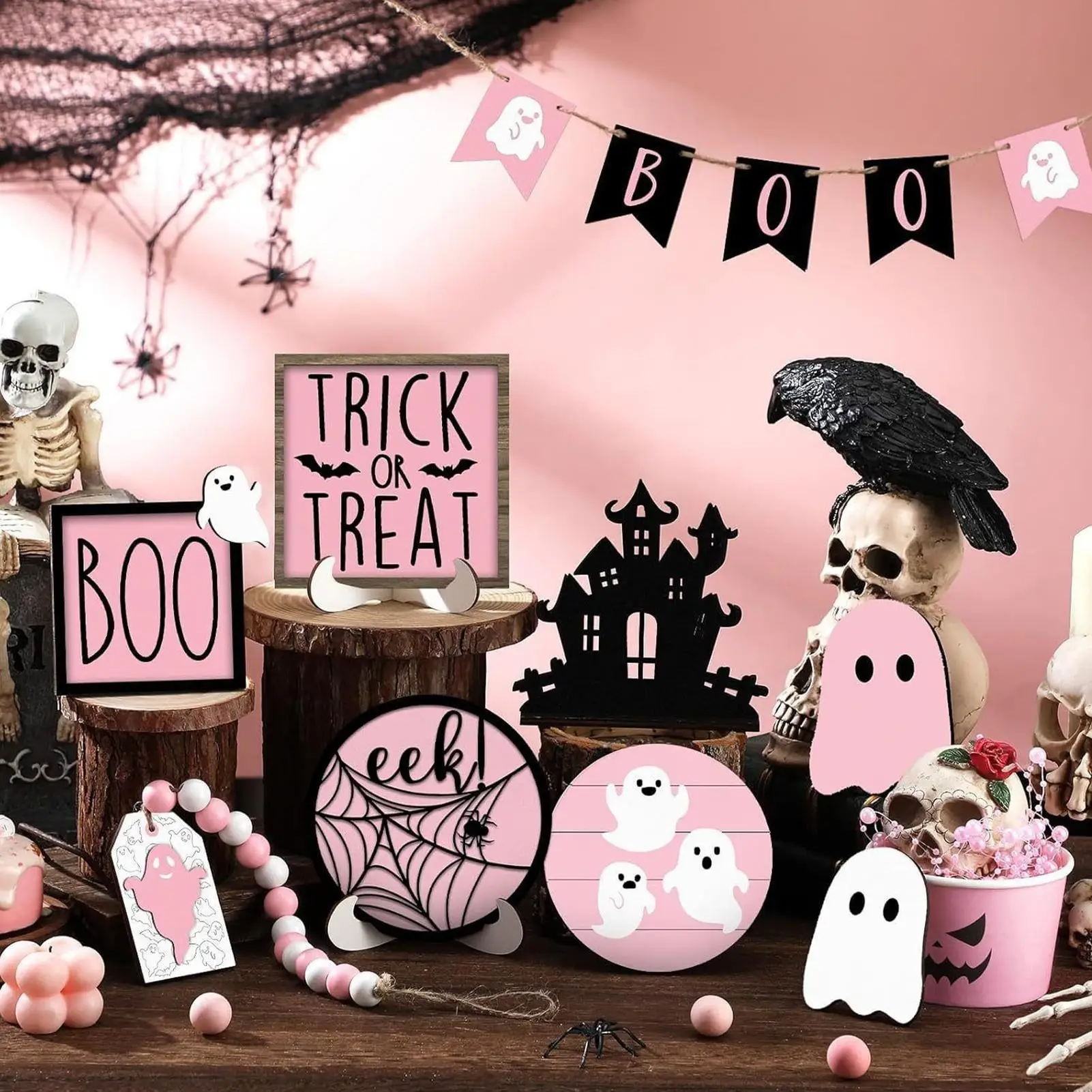 13 unids/set de bandeja escalonada de Halloween, centros de mesa con temática de fantasma Boo de madera, adornos de Halloween para estante de chimenea
