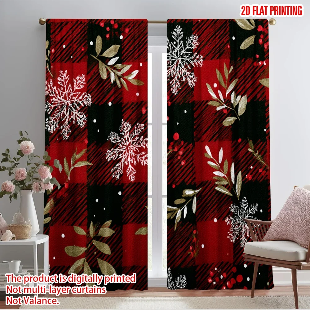 2pcs,2D plane printing Curtain Popular Christmas snowflakes Durable 100% Polyester Fabric (without rod) Art Deco Festive for