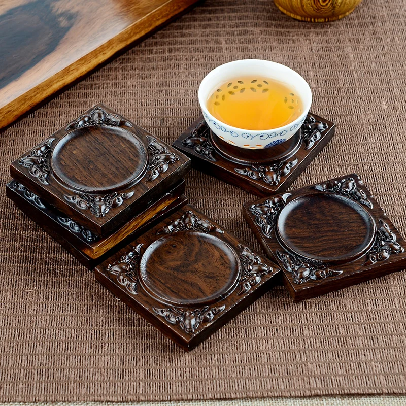 Chinese Six Gentlemen Kungfu Tea Set Accessories, Solid Wood, Circular, Square Tea Bowl Coaster, Black Sandalwood