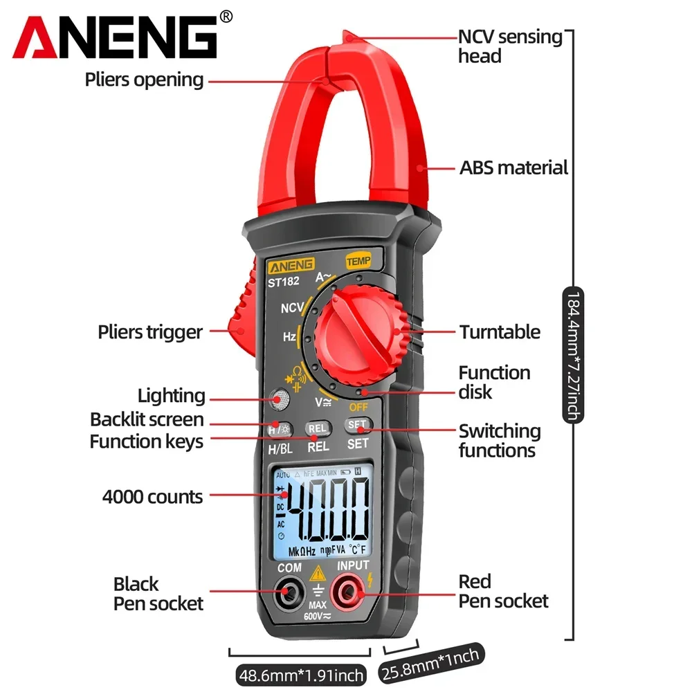 ANENG ST182 Digital Clamp Meter Multimeter  4000 Count AC/DC Voltage Ammeter Tester Amp Hz Capacitance NCV Ohm Test Tools