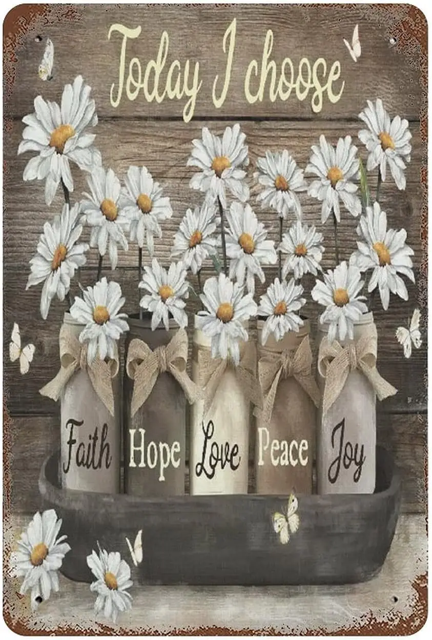 Cosrkee ผีเสื้อและขวดเดซี่วันนี้ฉันเลือกศรัทธาสัญญาณดีบุกโลหะความสุขสงบกลอนพระคัมภีร์ตกแต่งตลกสำหรับบ้าน