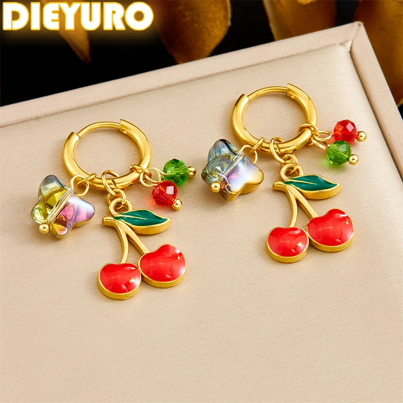 

DIEYURO 316L Stainless Steel Red Cherry Rhinestones Butterfly Earrings For Women New Fashion Ear Studs Jewelry Party Gift ﻿