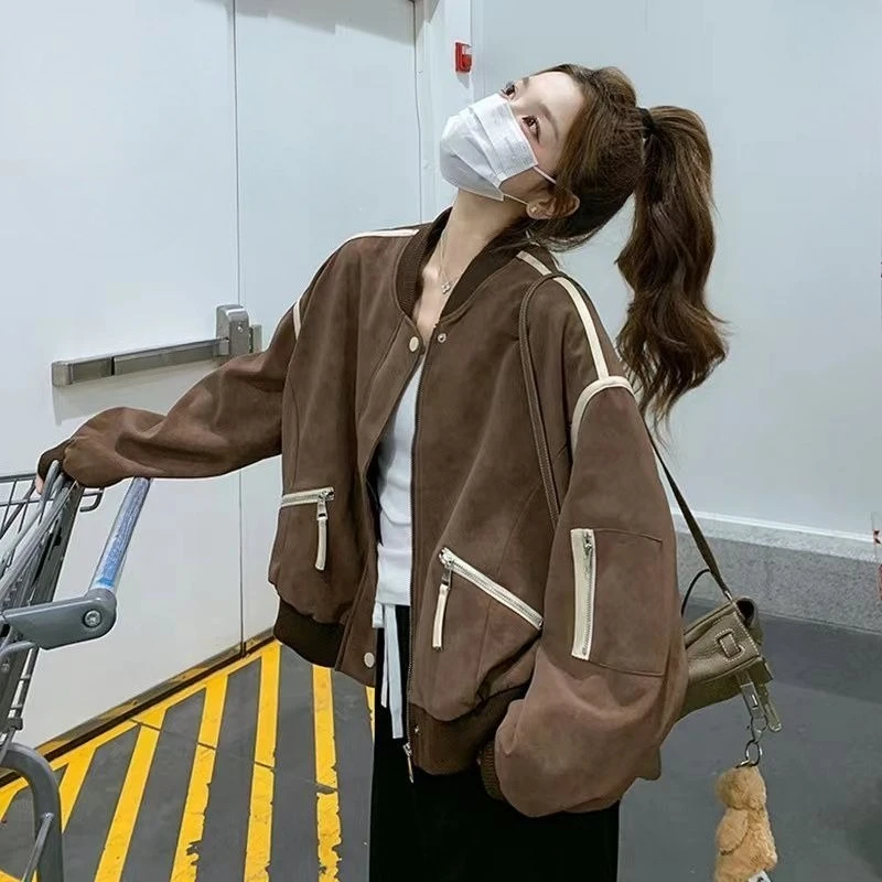 

Женская весенняя модная коричневая бейсбольная куртка 2025 года в стиле Харадзюку, корейский дизайн, уникальная модная верхняя одежда, шикарное повседневное пальто