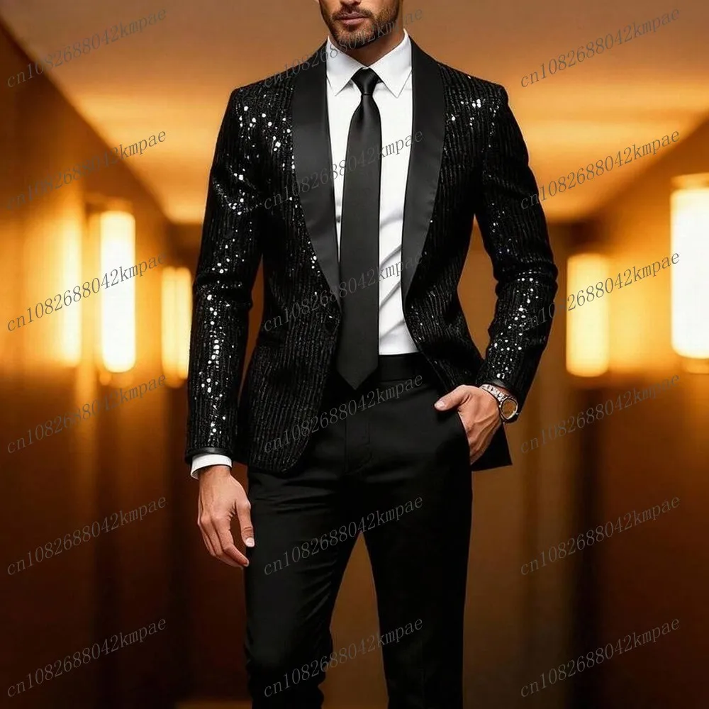

New Black Sequin Formal Men Suit Groom Groomsman Wedding Party Prom Business Male Tuxedos 2 Piece Set Blazer Pants