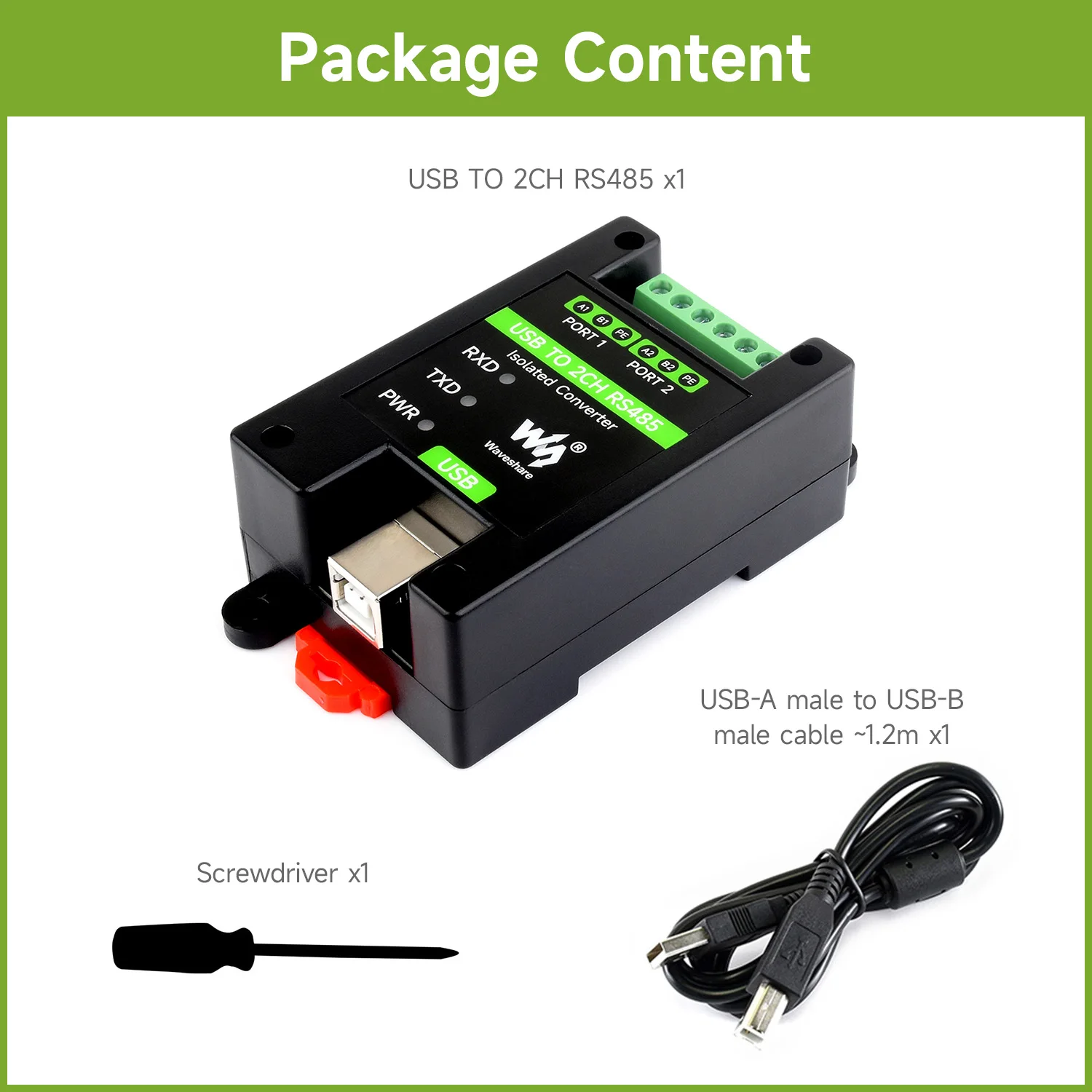 Picture 3: Waveshare Industrial Grade USB TO 2CH RS485  Isolated Converter, Adopts Original FT2232HL Chip, Extending USB to 2CH RS485