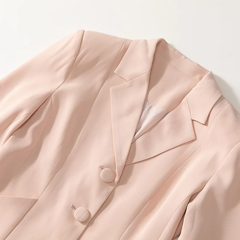 Solid Pink Women Long Sleeve Turn-Down Collar Top And Skirt Set view 5