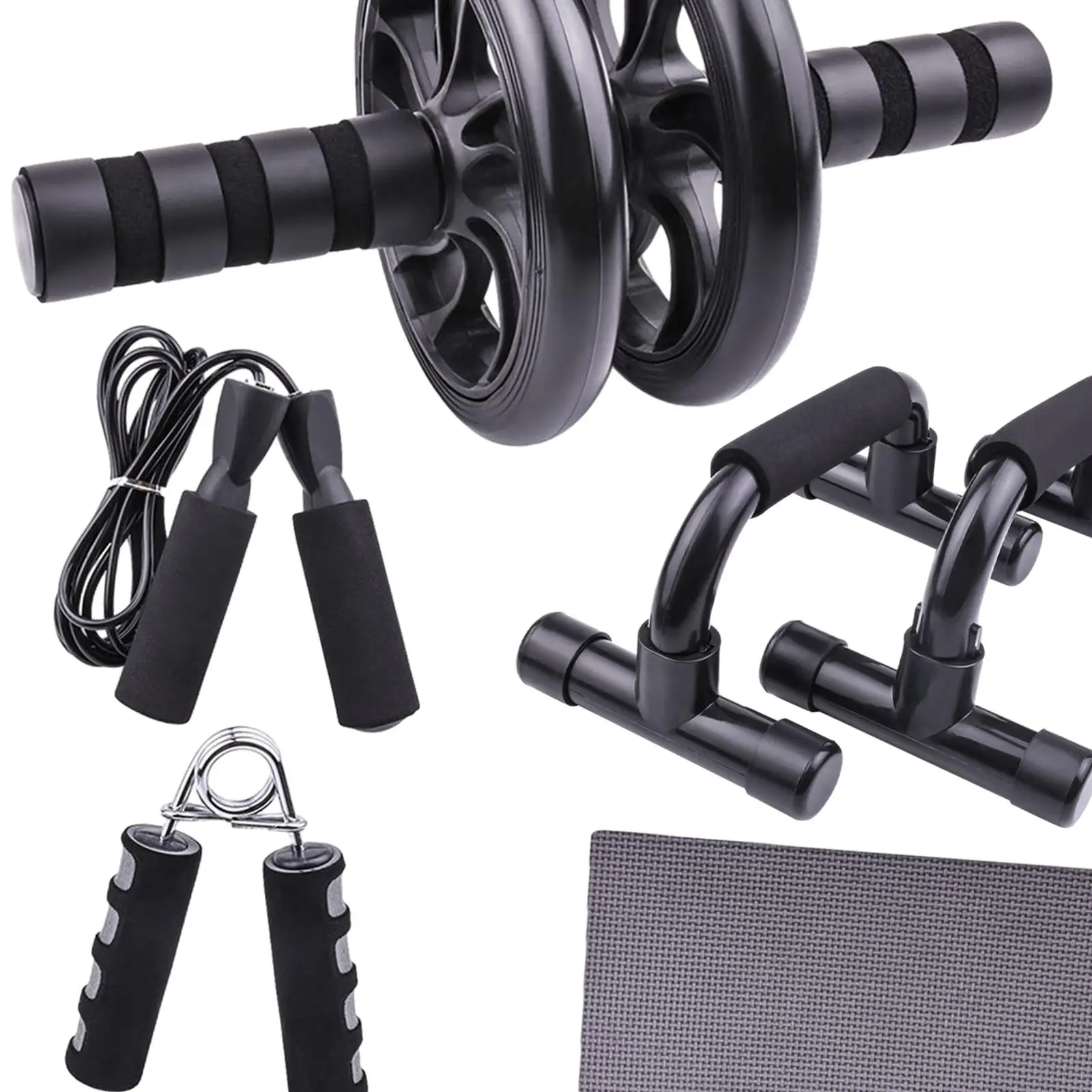 Abdominal Exercise Roller Set with Knee Pad, 2 Push up Bars, Skipping Rope, and Resistance Band, Workout Equipment