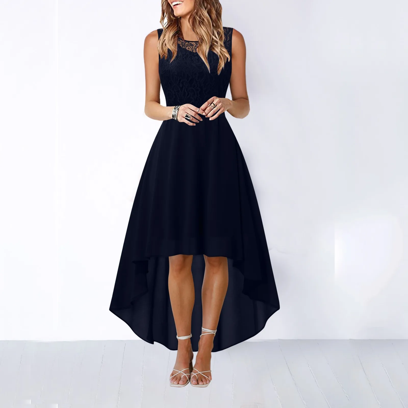 Lace Irregular Length Women'S Dress Sleeveless Chiffon Female Elegant Formal Dresses Bridesmaid Cocktail Party Evening Vestidos