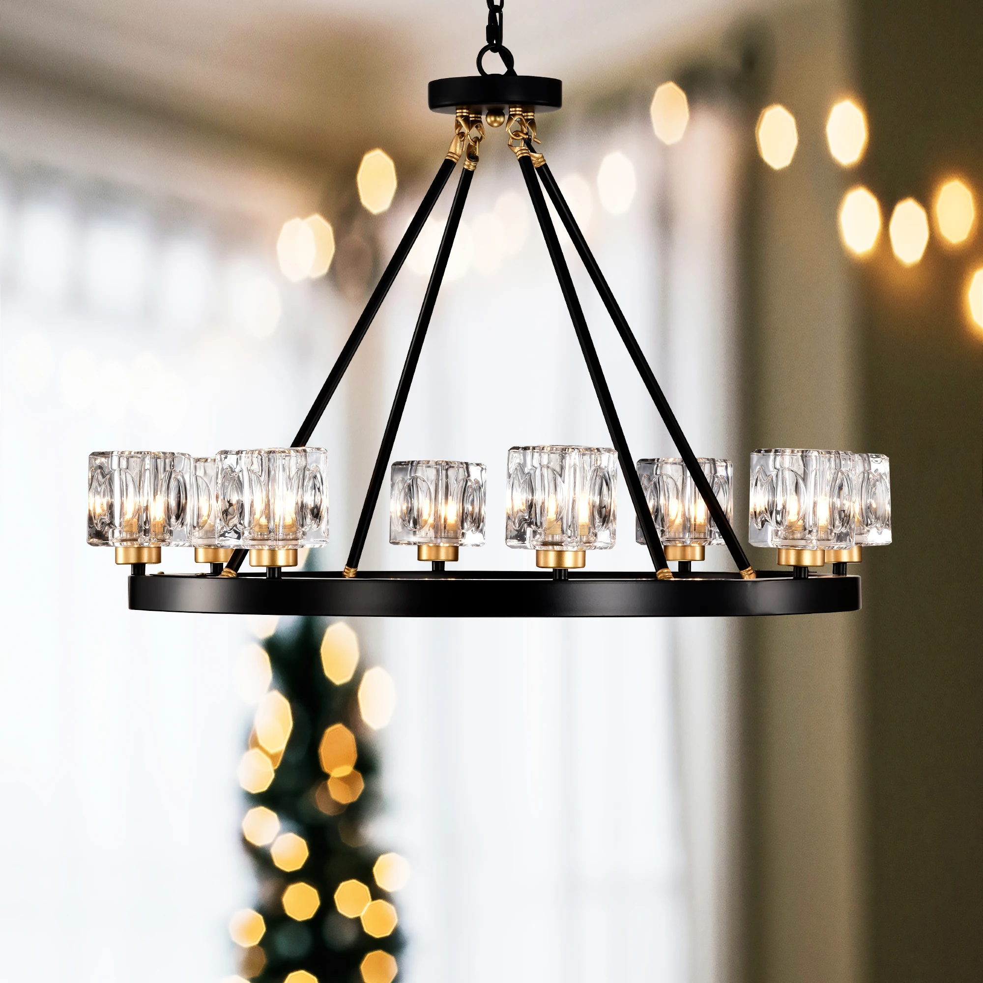 Matte Black + Gold Wagon Wheel Chandelier Farmhouse Modern Small Crystal Round Chandelier for Living Room Kitchen Island Foyer H