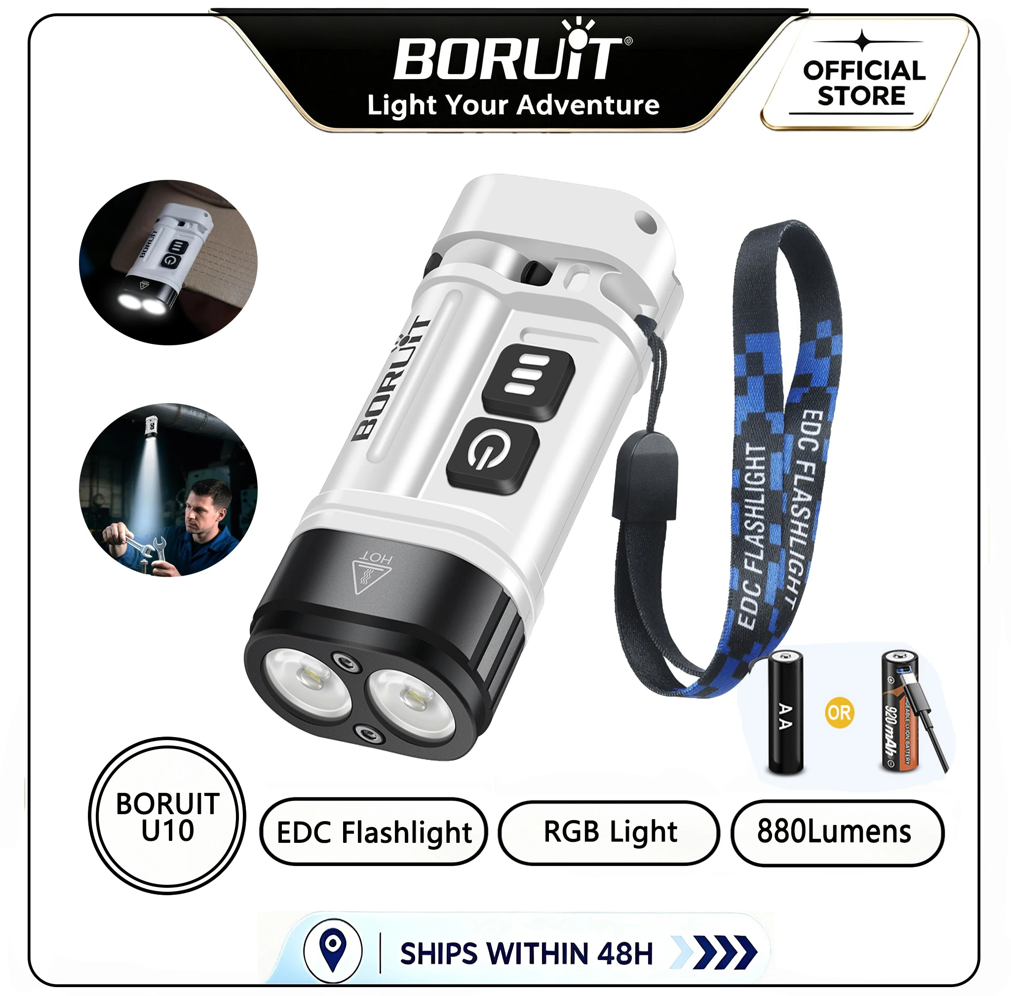 BORUiT U10 880LM EDC LED Flashlight Work Light 14500/AA Battery Torch with Magnet Clip Waterproof Camping Pocket Lantern