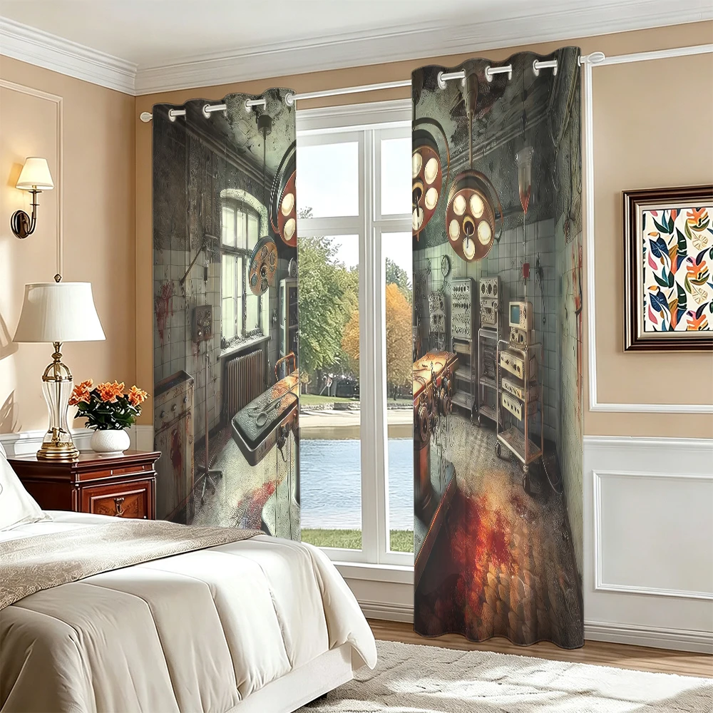 2pcs Abandoned Scary Operating Room Scene Double Sided Grommet Curtains Blackout Privacy Curtain For Bedroom Living Room Hall