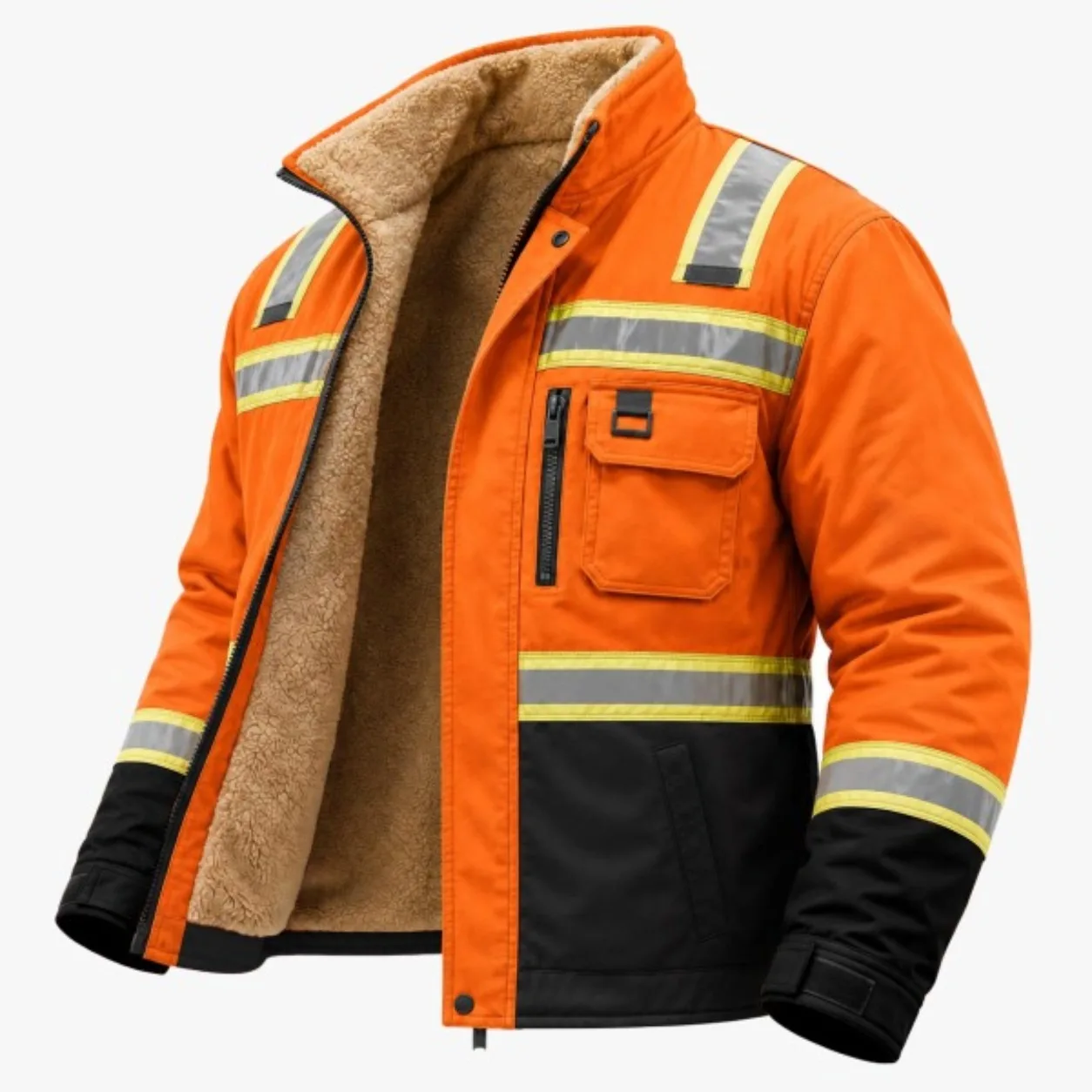 Men's Orange Hi Vis Work Jacket Reflective Stripe Design Warm Lined Zip Up Coat with Utility Pockets for Outdoor Construction