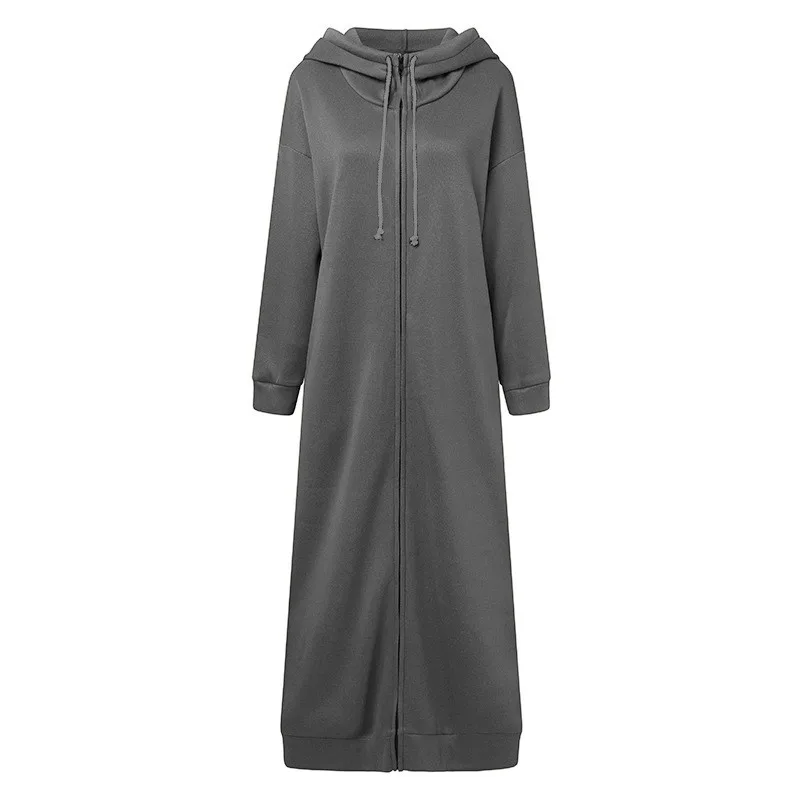 Autumn And Winter Fashion Hooded Sports Fleece Sweatshirt Casual Long Sleeved Zipper Jacket Women\'s Plus Size Solid Color Robe