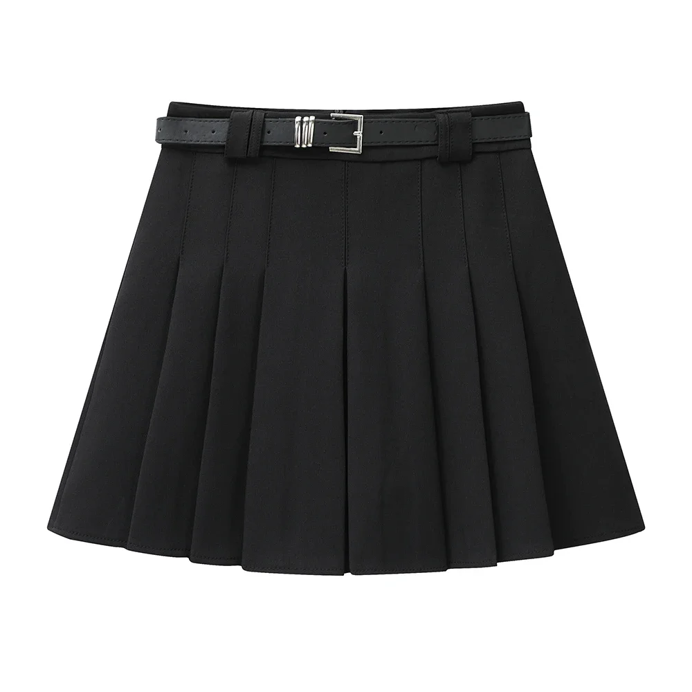 

New Women Skirt Summer Luxury Black High Waist Pleated A Skirt Casual Sports Skirt with Belt Woman Clothing