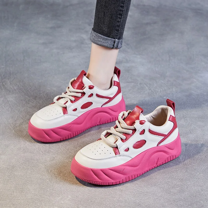 

GKTINOO Lace-Up Casual Shoes Women Sneakers Genuine Leather Mixed Colors 2024 New Handmade Comfortable Retro Platform Sneakers