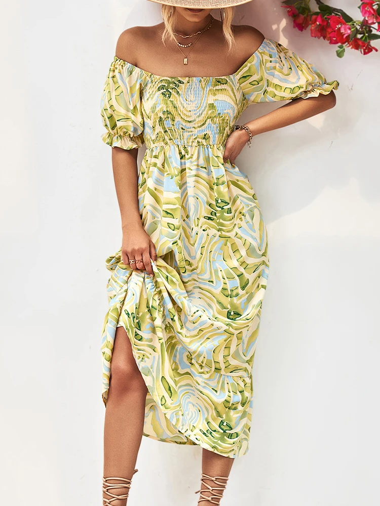 Vintage Boho Jurk Vrouwen Bloemenprint Lange Jurken Dames Elegante Off Shoulder Rugloze Jurk Dames Casual Vakantie Vestidos