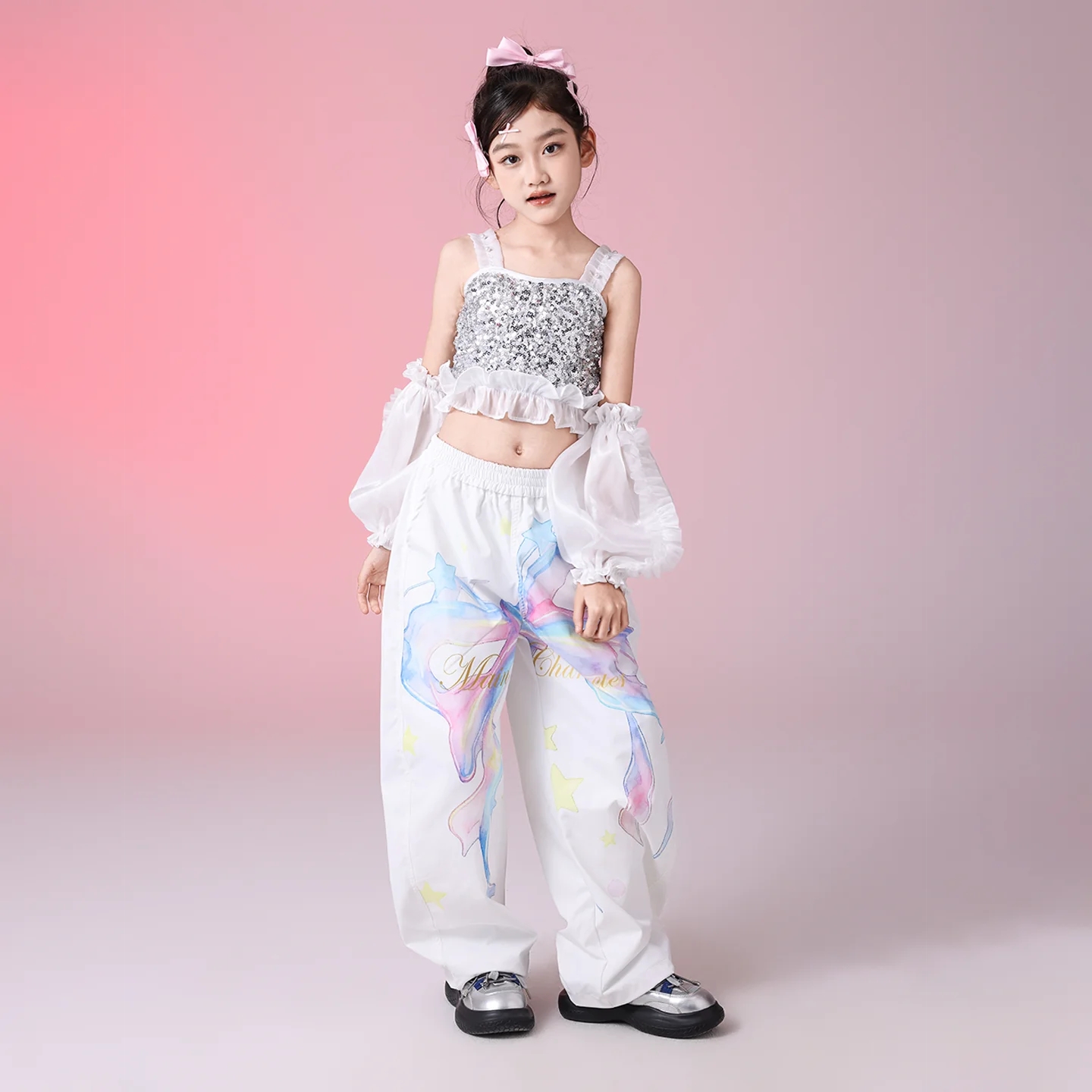 ファッションキッズ K-pop 衣装女の子ジャズダンスパフォーマンス衣装スパンコールトップヒップホップパンツ子供社交ダンス服 XS10585