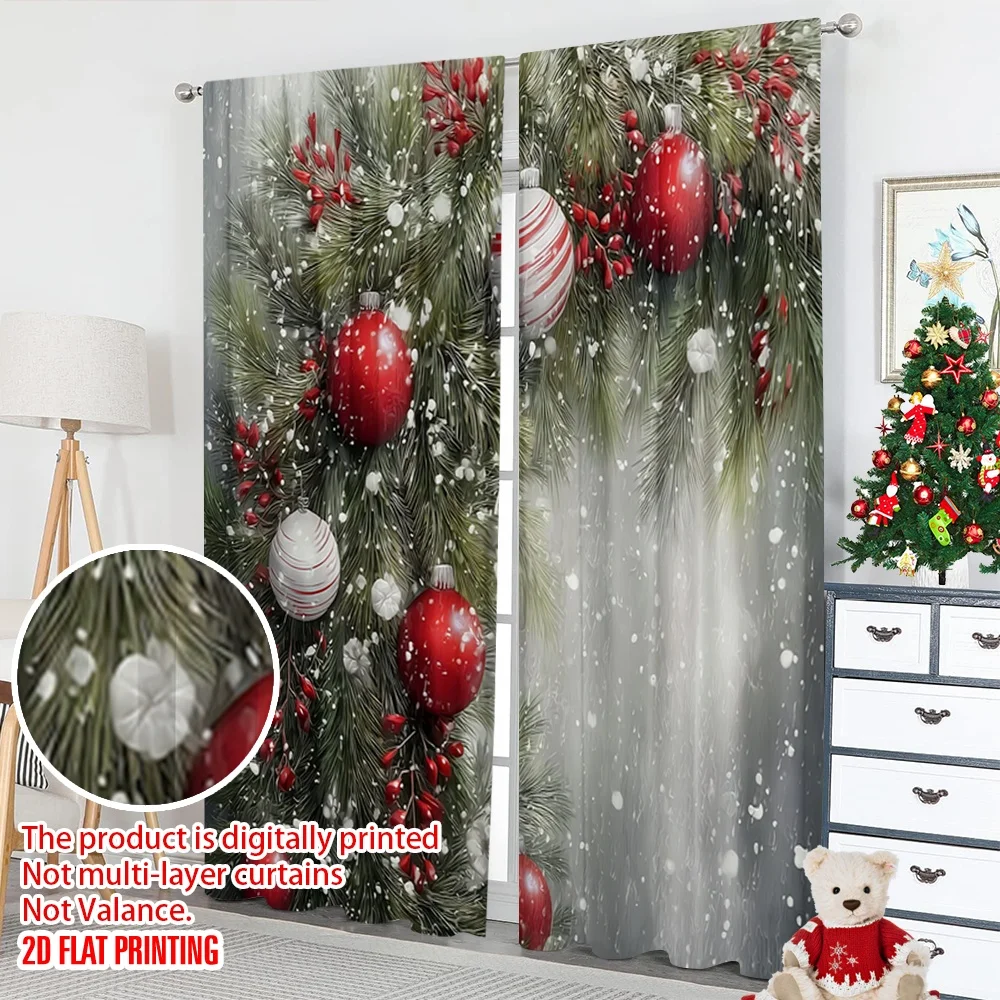 2 قطعة 2D الطباعة المسطحة عيد الميلاد المشهد الستائر عيد الميلاد الصنوبر إبرة كرة الثلج الأحمر طباعة نطاق وأنيق 100% ألياف البوليستر #5
