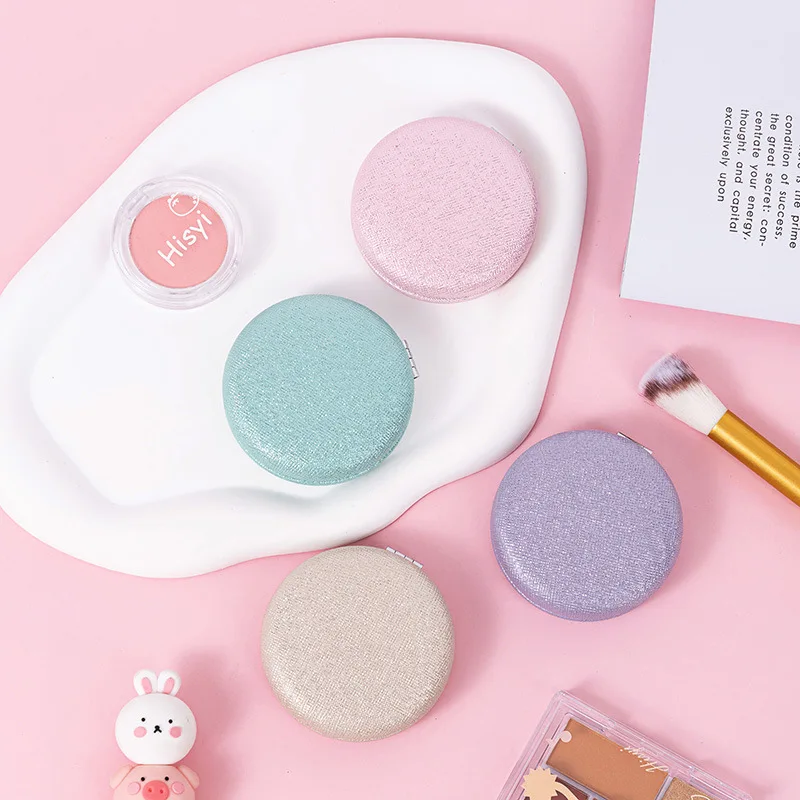 

Macaron Folding Mirror with Glitter PU Finish, Cute Round Dual-Sided Portable Compact for Makeup