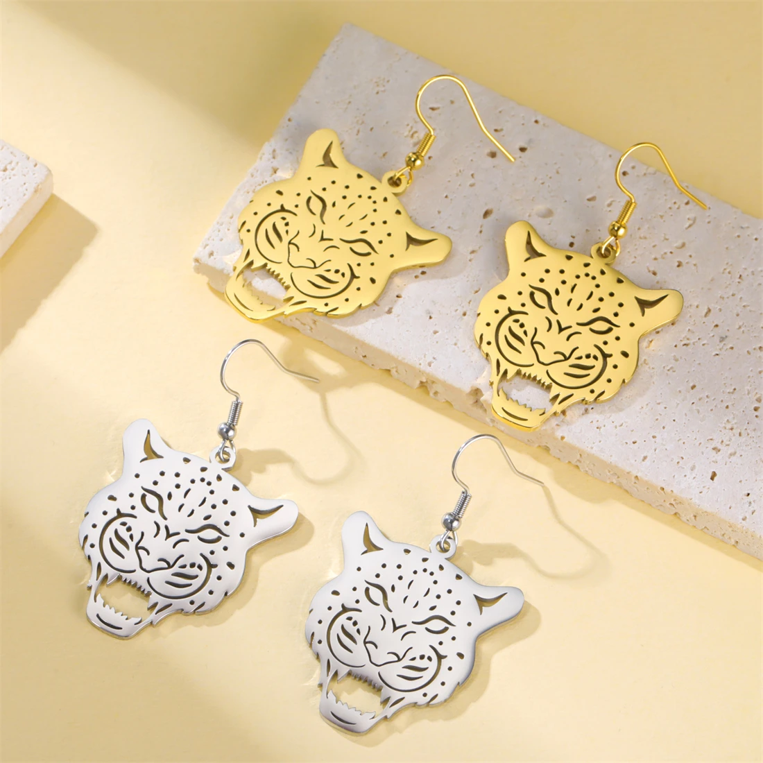 Eueavan Tier-Leoparden-Ohrhänger für Damen, Wildtier-Geparden-Hängeohrringe aus Edelstahl, Hip-Hop-Party-Schmuck, Geschenk – Detail 8