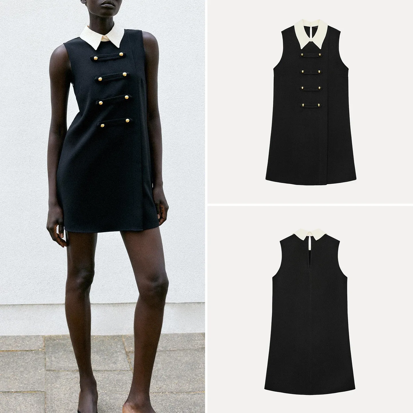 Fashionable Short Sleeveless Women's Dress 2026 Autumn Collection Turn-down Collar Knot Button Design ZADATA Ladies' Dress