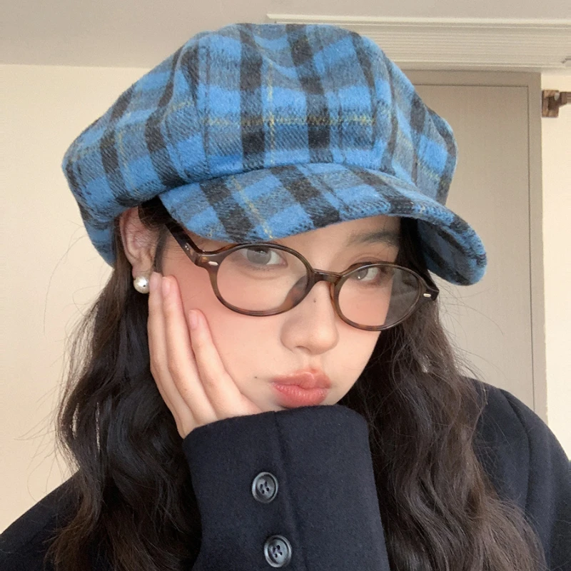 Ins New Fashion Color Matching Plaid Wool Berets Cap for Women Show Face Small Winter Casual Warmth Versatile Retro Newsboy Hat