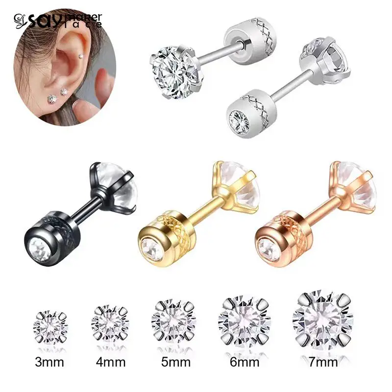 1PCS Screw Ear Studs Earrings Stainless Steel Double Crystal Zircon Korean Earrings For Women Anti Allergic Body Jewelry