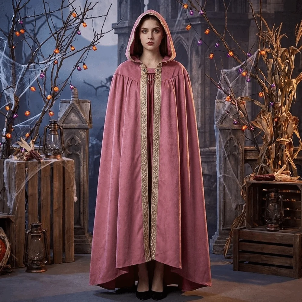 Anime Medieval Cloak Fantasy Pastoral Ribbon Edge Halloween Cloak Hood Robe Dark Style Renaissance Costume Medieval Hunter