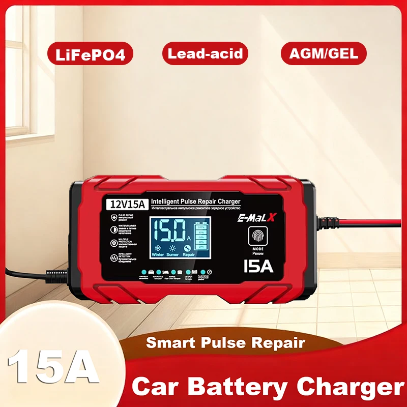 

12V 15A Car RV Yach Battery Charger Digital Display Mode Adjustment Pulse Repair For LiFePO4 Lead Acid Gel Battery Charging