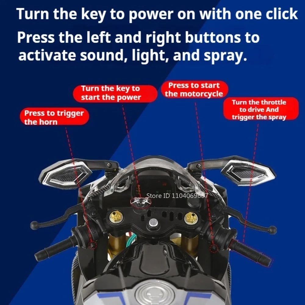 Modelo de pulverización R1M a escala 1:6, juguetes para motocicleta, aleación fundida, sonido, luz, absorción de impacto, dirección de rueda delantera para niños, regalos de Festival