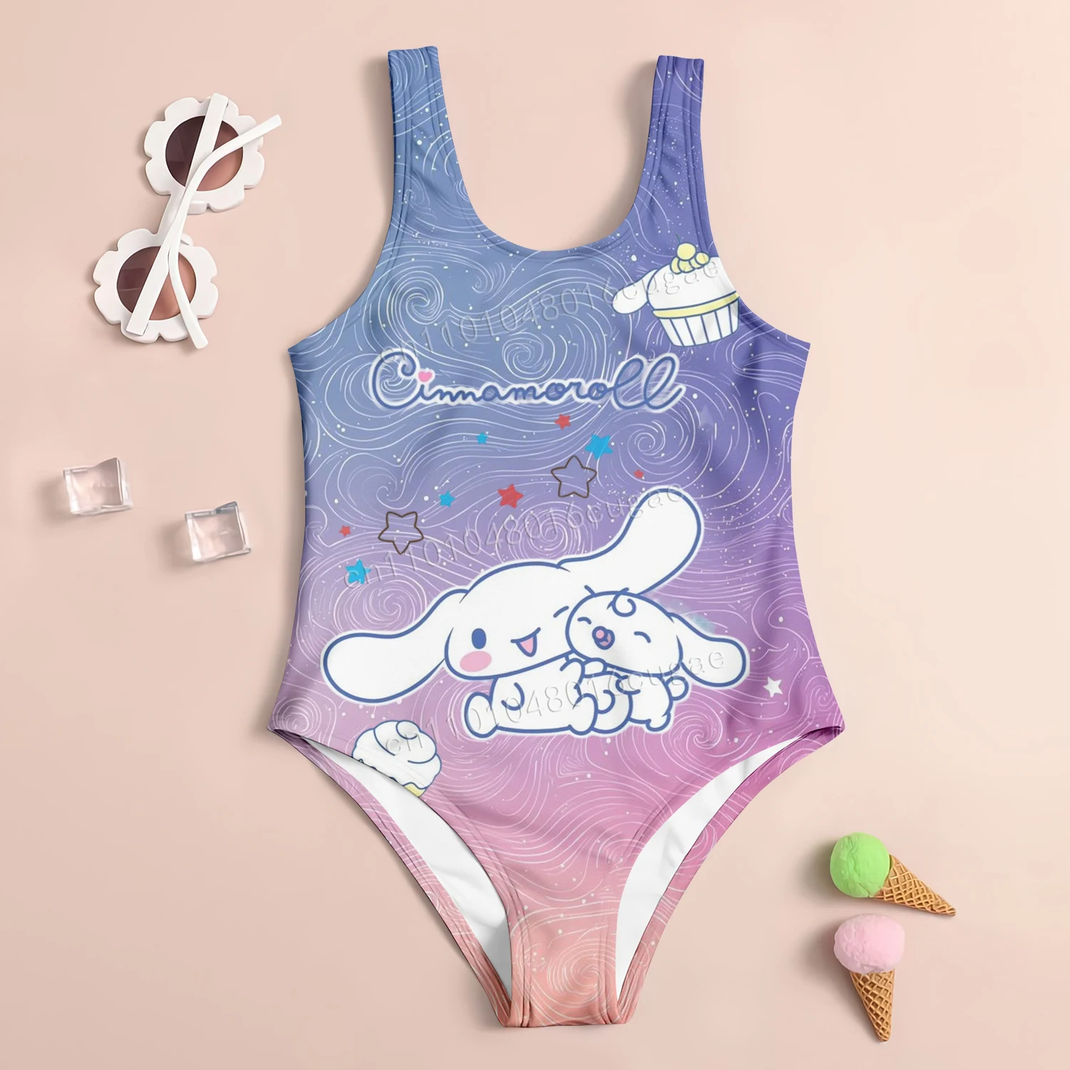 

Cinnamoroll Cartoon Animation Girl's Casual Cute style Swimsuit Summer Sandy Beach Printed Fun Cartoon Pattern Casual Swimsuit